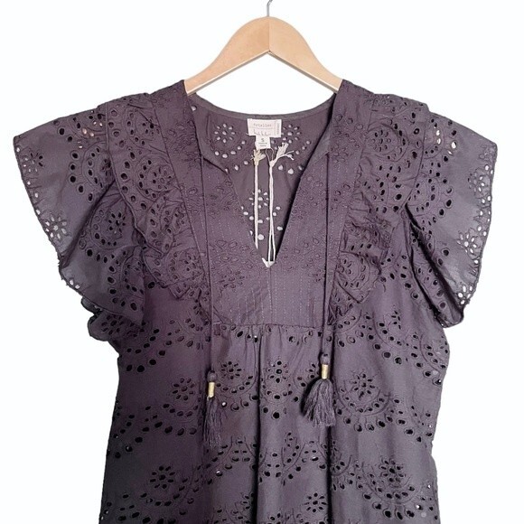 NWT Nicole Miller Top Black Cotton Eyelet Flutter Sleeve Blouse Size Small NEW - Picture 8 of 16
